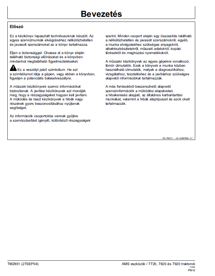 John Deere TM2851 7720 7820 7920 Operation and Test Manual Download