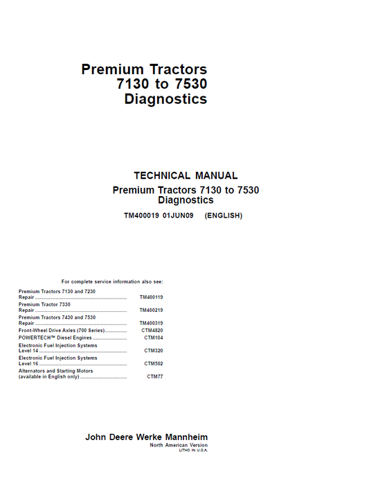 John Deere TM400019 Premium 7130–7530 Tractor Diagnostic Manual