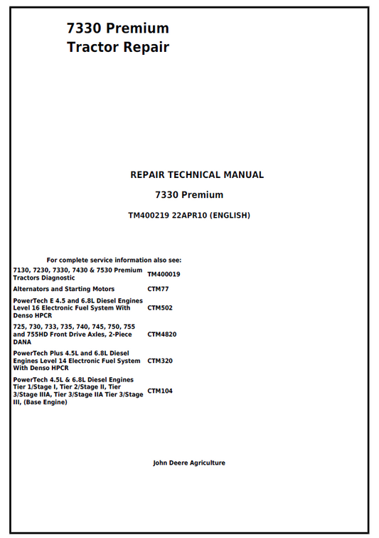 John Deere TM400219: 7330 Premium Tractor Technical Manual