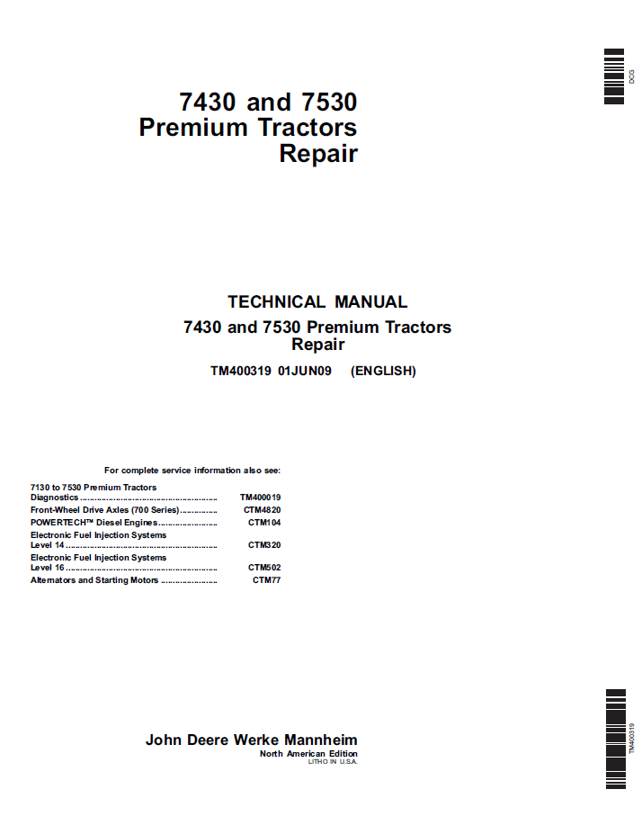 John Deere TM400319 7430 & 7530 Premium Tractor Repair Manual