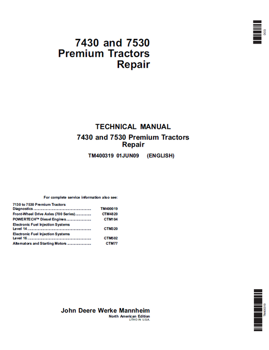 John Deere TM400319 7430 & 7530 Premium Tractor Repair Manual