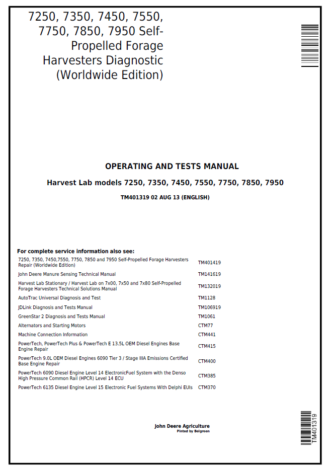 John Deere TM401319 Forage Harvester Diagnostic Manual 7250–7950 Series