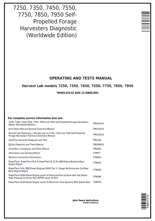 John Deere TM401319 Forage Harvester Diagnostic Manual 7250–7950 Series