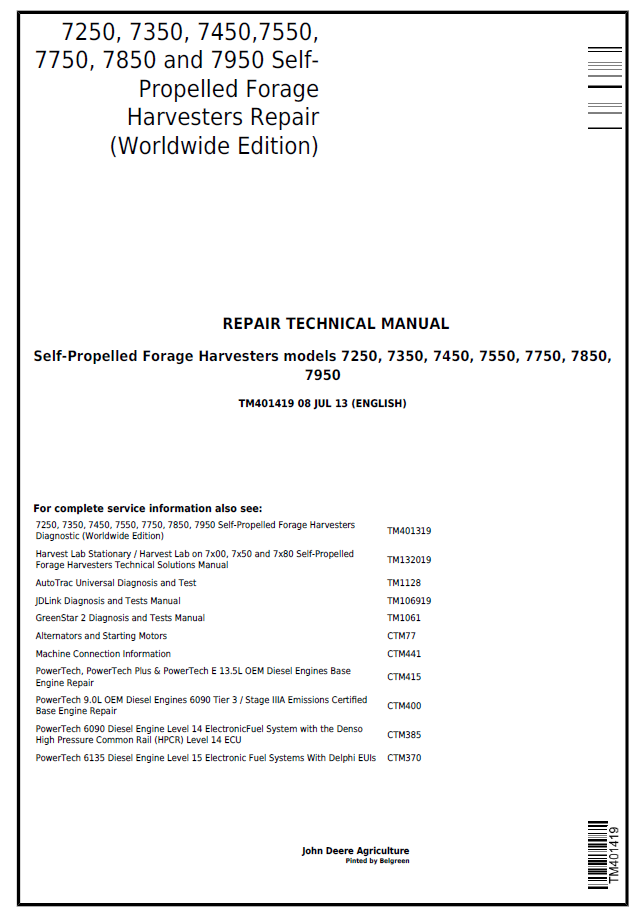 John Deere TM401419: 7250-7950 Forage Harvester Repair Manual