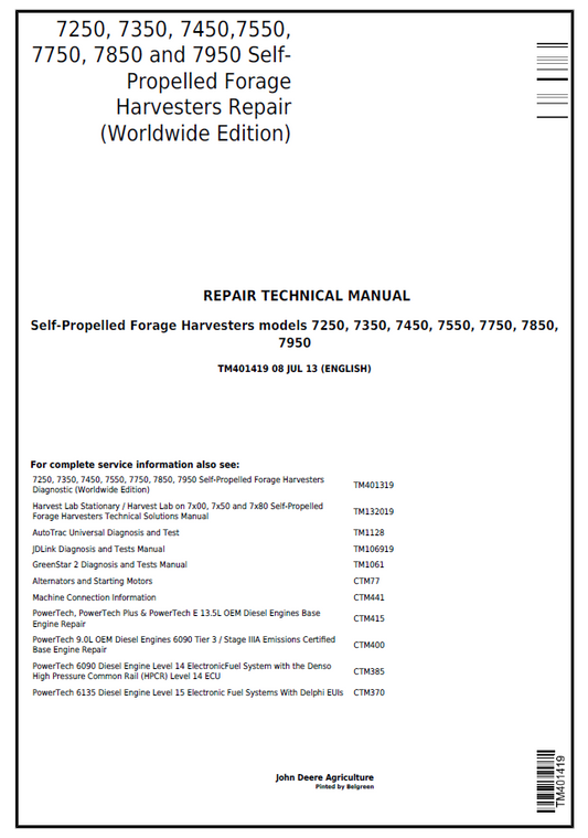 John Deere TM401419: 7250-7950 Forage Harvester Repair Manual