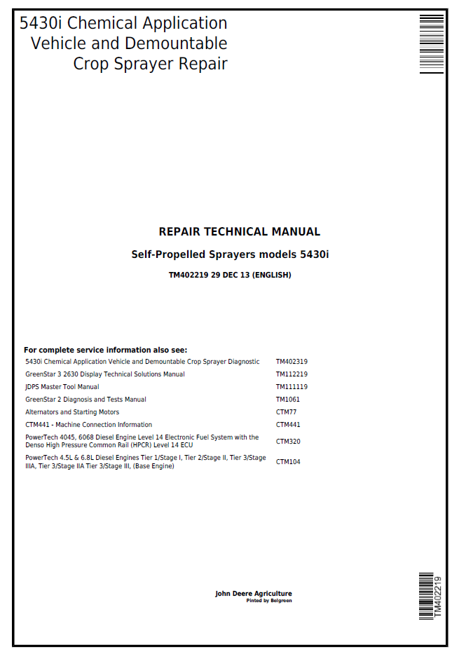 John Deere TM402219 5430i Chemical Sprayer Repair Technical Manual