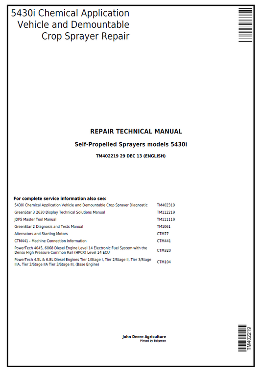 John Deere TM402219 5430i Chemical Sprayer Repair Technical Manual