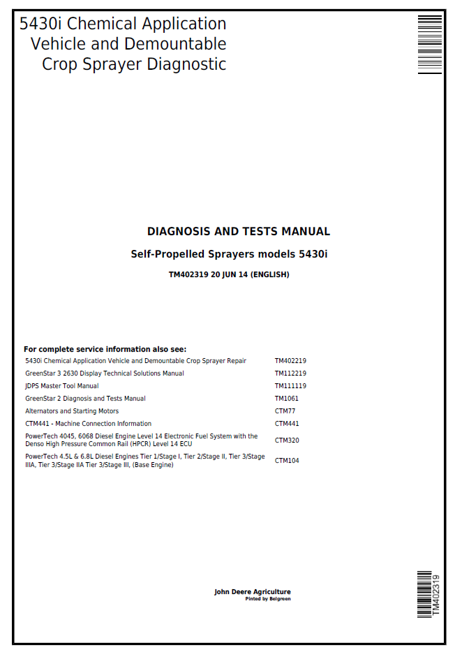 John Deere TM402319 5430i Chemical Sprayer Diagnosis Manual