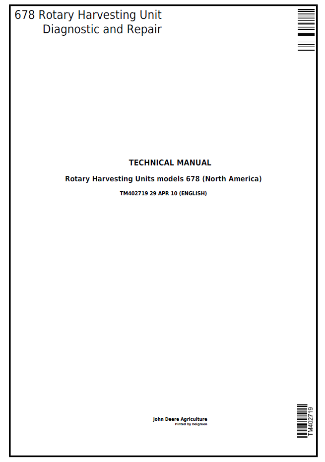 John Deere TM402719 678 Rotary Harvesting Unit Technical Manual