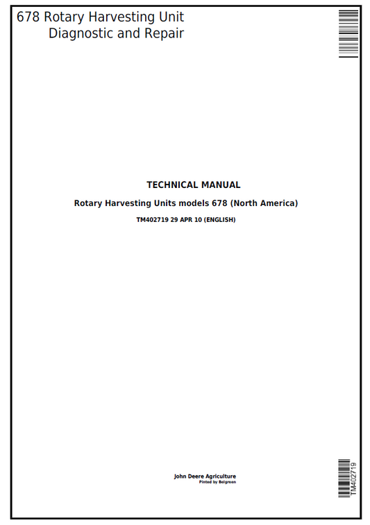 John Deere TM402719 678 Rotary Harvesting Unit Technical Manual