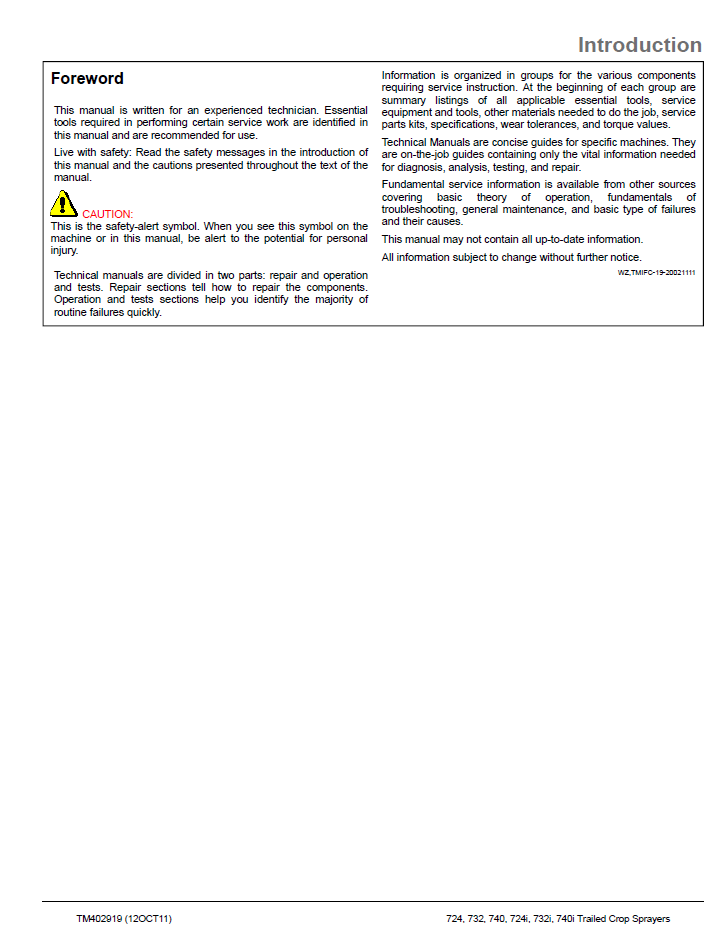John Deere TM402919 Trailed Crop Sprayer Service Repair Manual