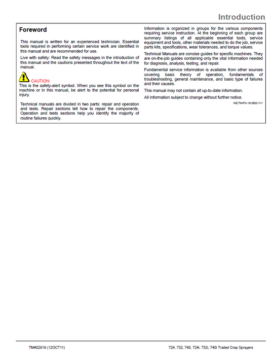 John Deere TM402919 Trailed Crop Sprayer Service Repair Manual