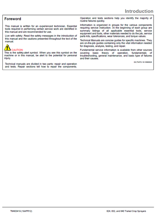 John Deere TM403419 824 832 840 Sprayer Technical Service Manual PDF