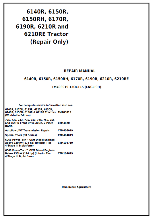 John Deere TM403919 6140R–6210RE Tractor Repair Manual