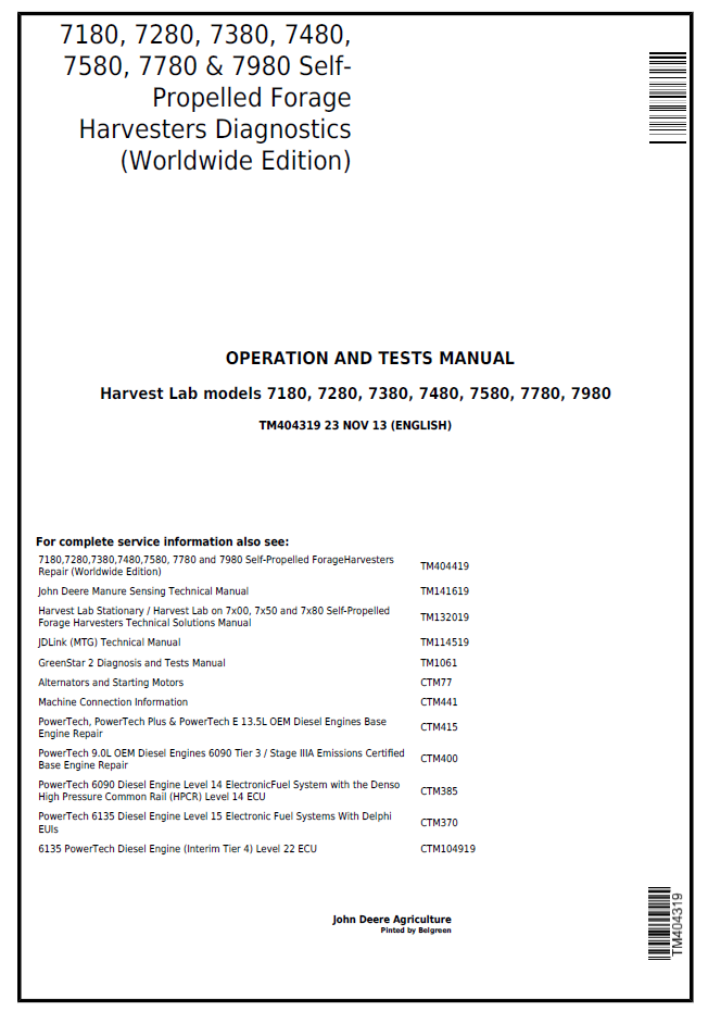 John Deere TM404319 7180–7980 Forage Harvester Operation & Test Manual