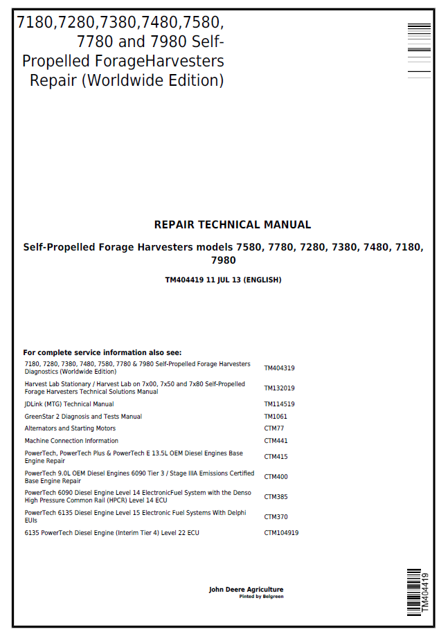 John Deere TM404419: 7080 Series Forage Harvester Repair Manual