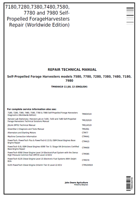 John Deere TM404419: 7080 Series Forage Harvester Repair Manual