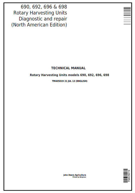 John Deere TM405019 690 692 696 698 Rotary Harvesting Unit Manual