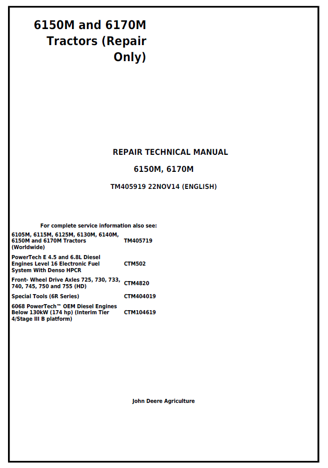 John Deere TM405919 Tractor Repair Manual for 6150M & 6170M Models