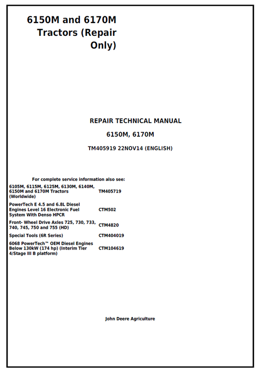 John Deere TM405919 Tractor Repair Manual for 6150M & 6170M Models