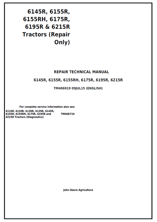 John Deere TM406919 Tractor Repair Manual for 6145R–6215R R Series