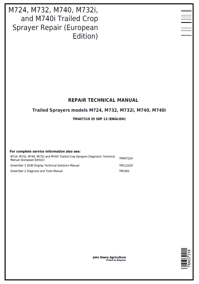 John Deere TM407319 M724 M732 M740 Trailed Crop Sprayer Manual PDF