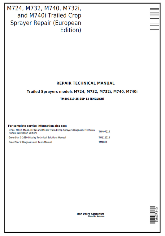 John Deere TM407319 M724 M732 M740 Trailed Crop Sprayer Manual PDF