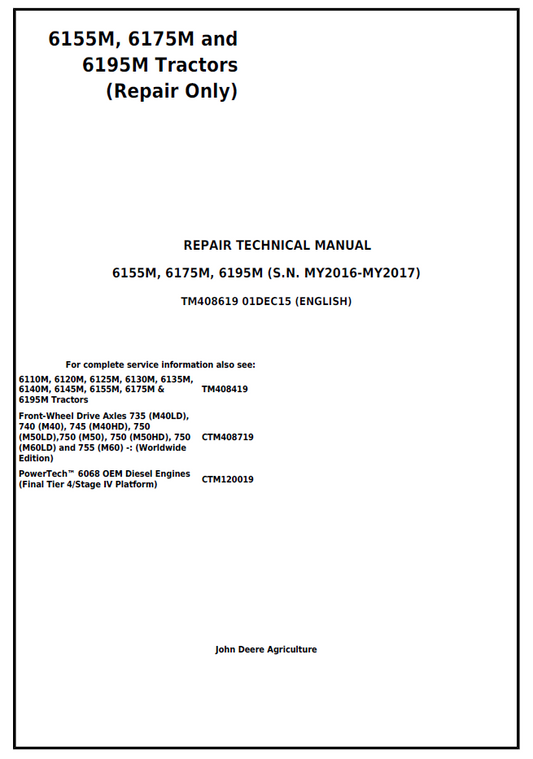 John Deere TM408619 6155M 6175M 6195M Tractor Repair Manual