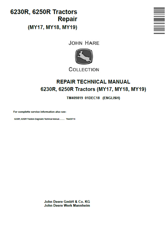 John Deere TM409819 Tractor Repair Manual for 6230R & 6250R Models