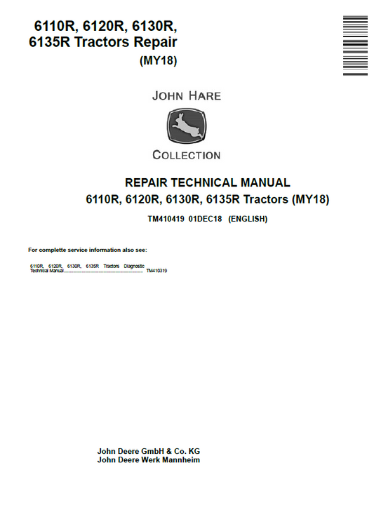 John Deere TM410419 6110R 6120R 6130R 6135R MY18 Tractor Repair Manual