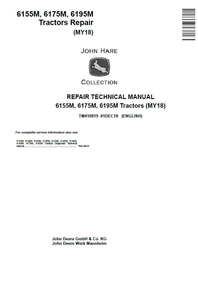 John Deere TM410819 Tractor Repair Manual for 6155M 6175M 6195M Models
