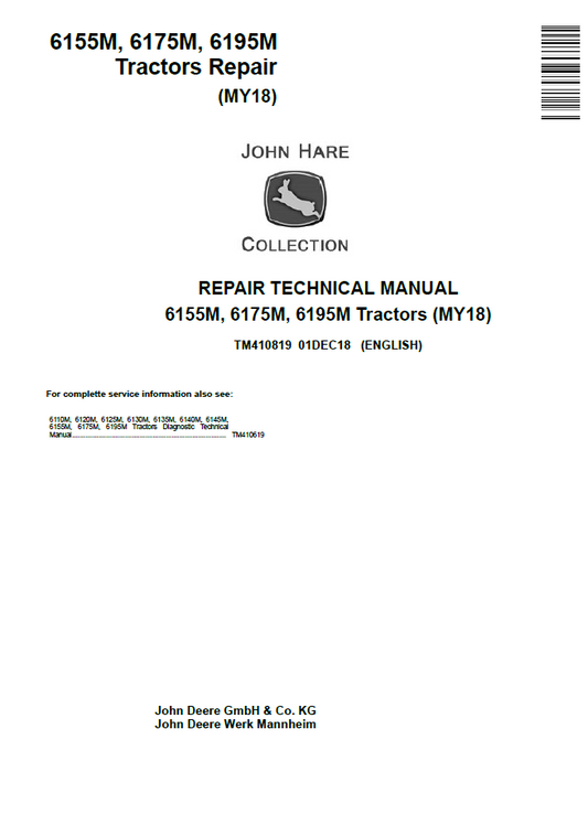 John Deere TM410819 Tractor Repair Manual for 6155M 6175M 6195M Models