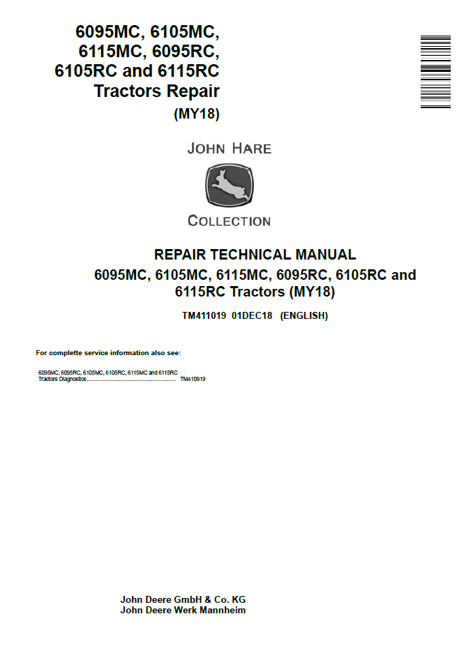 John Deere TM411019 6095MC-6115RC Tractor Repair Technical Manual