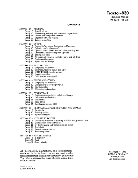 John Deere TM4279 Complete Workshop Manual for 830 Tractor
