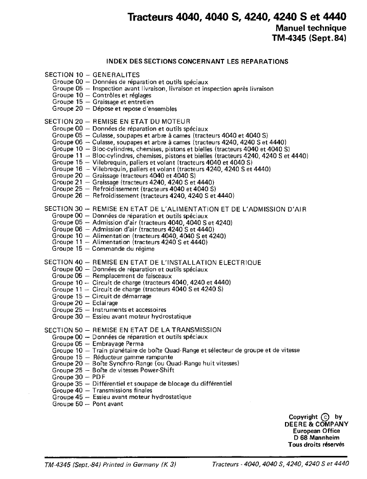 John Deere TM4345 4040, 4240 & 4440 Tractor Service Technical Manual