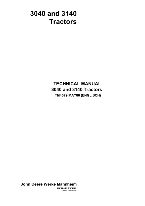 John Deere TM4379 Service & Repair Manual for 3040 and 3140 Tractors