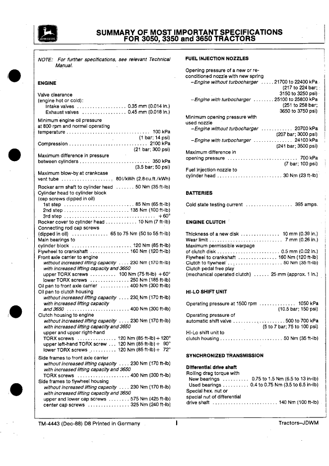 John Deere TM4443 Technical Manual for 3050, 3350 & 3650 Tractors