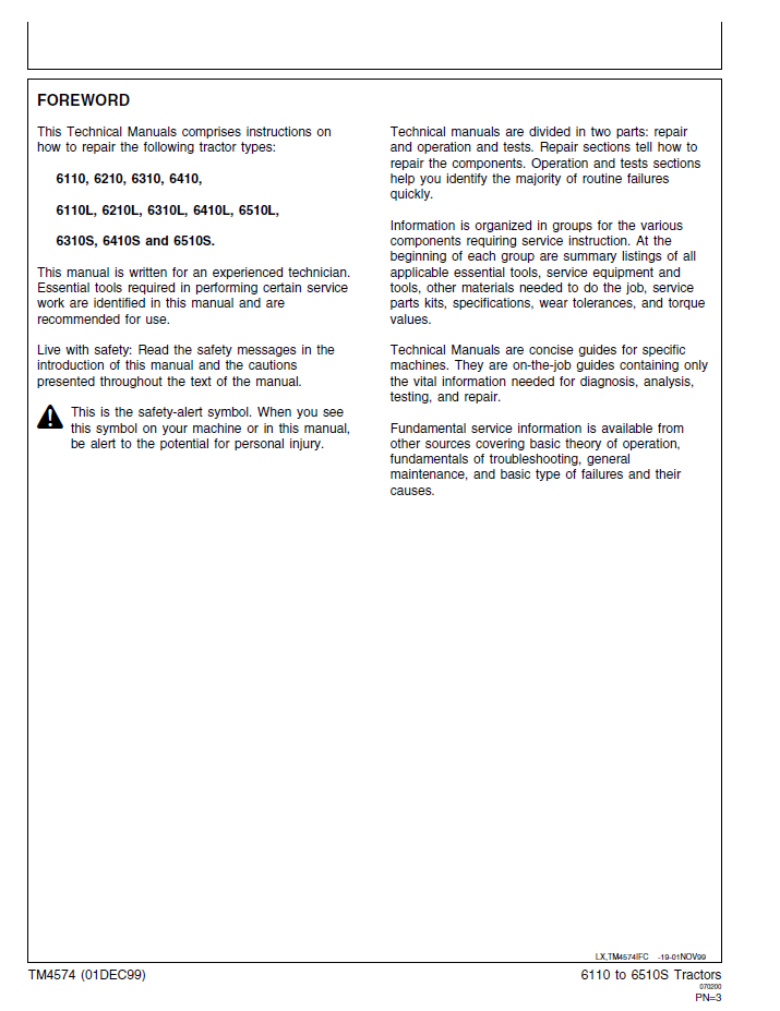 John Deere TM4574 Workshop Repair Manual for 6110, 6410 & 6510 Tractors