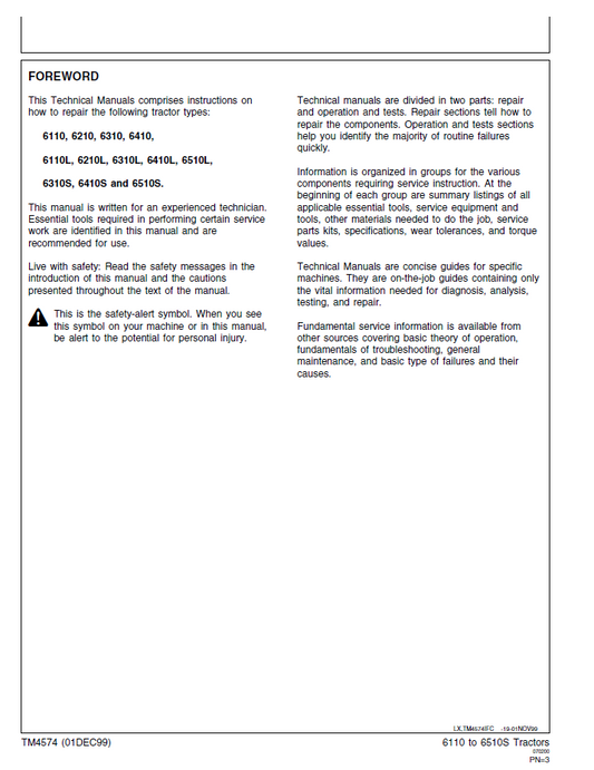 John Deere TM4574 Workshop Repair Manual for 6110, 6410 & 6510 Tractors