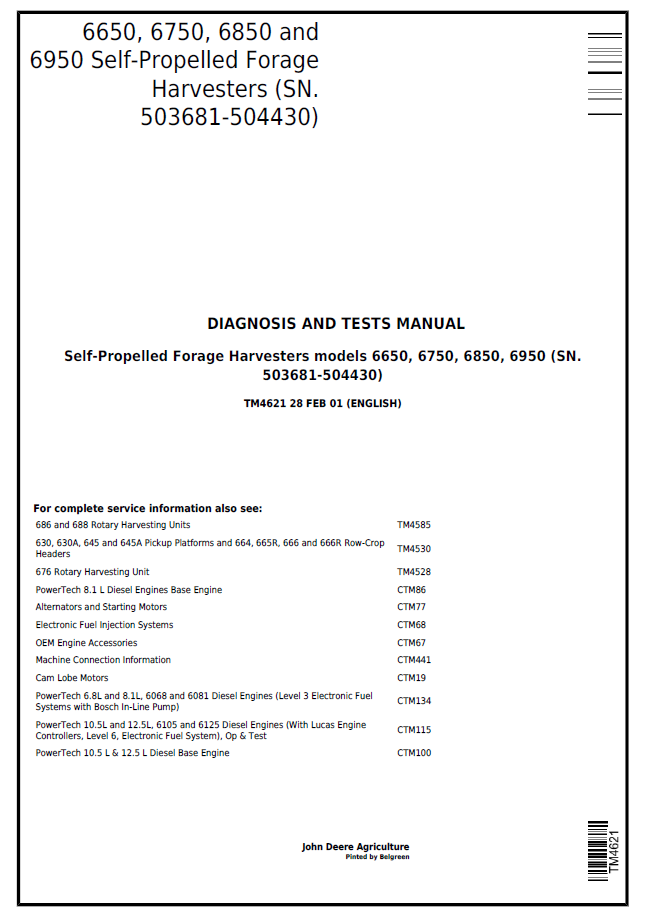 John Deere TM4621 6650–6950 Forage Harvester Diagnosis & Test Manual