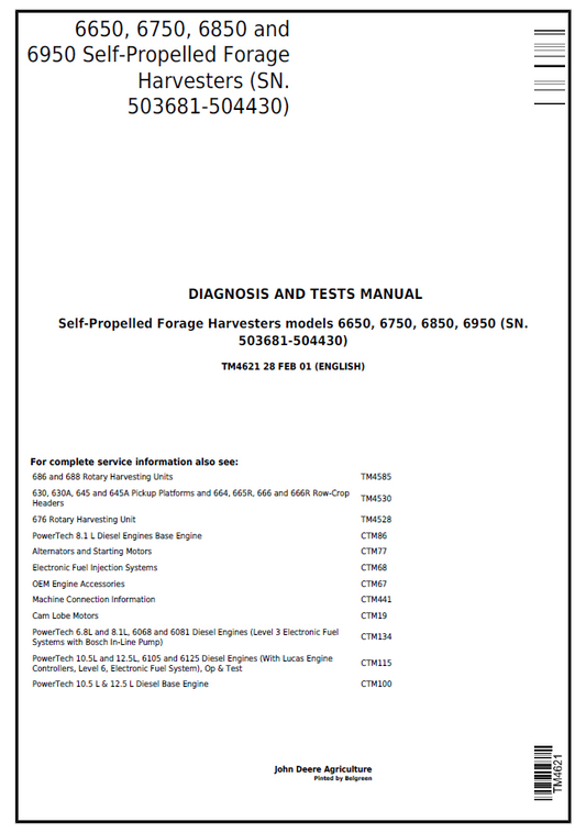 John Deere TM4621 6650–6950 Forage Harvester Diagnosis & Test Manual