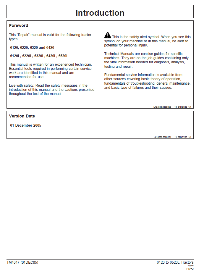 John Deere TM4647 Technical Repair Manual for 6120 to 6520L Tractors
