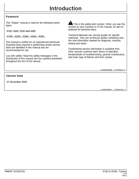 John Deere TM4647 Technical Repair Manual for 6120 to 6520L Tractors