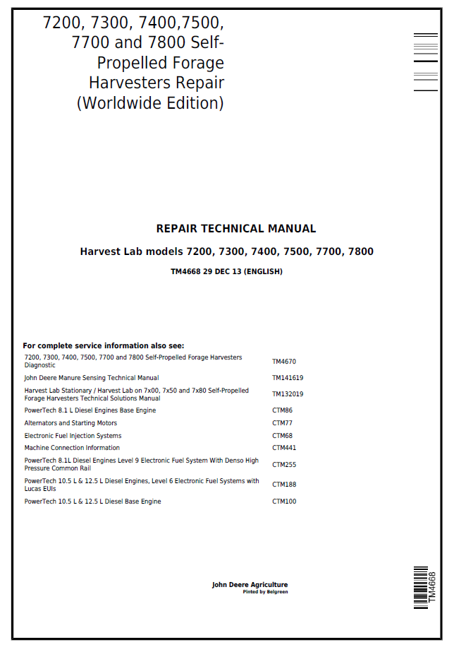 John Deere TM4668: 7200-7800 Forage Harvester Repair Manual