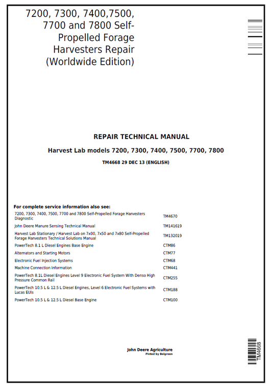 John Deere TM4668: 7200-7800 Forage Harvester Repair Manual
