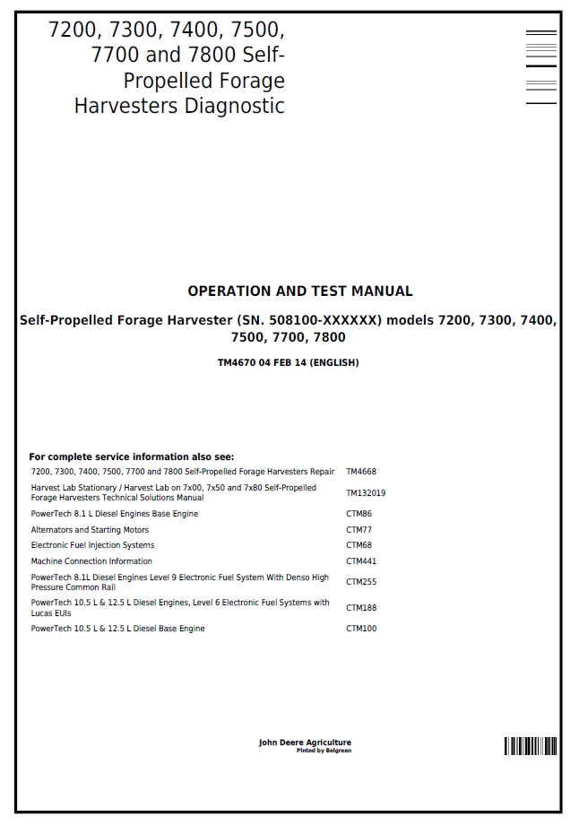 John Deere TM4670: 7200-7800 Forage Harvester Operation & Test Manual