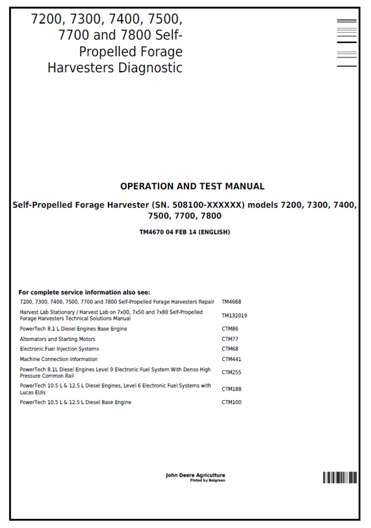 John Deere TM4670: 7200-7800 Forage Harvester Operation & Test Manual