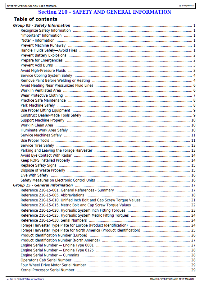John Deere TM4670 Forage Harvester Operational & Testing Guide