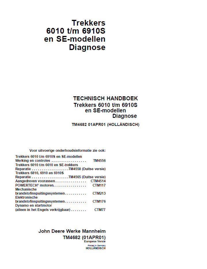 John Deere TM4682 Diagnostic Manual for 6010 to 6910S SE Tractors