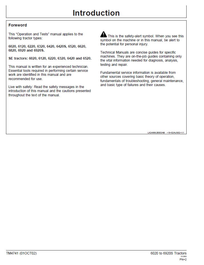John Deere TM4741 Technical Manual for 6020 to 6920S SE Tractors